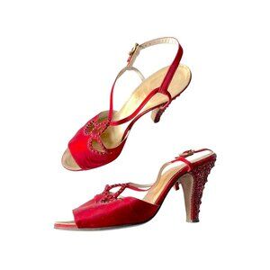 Vintage 1940s Delman de Luxe Red Satin Slingback Heels w/ Rhinestones, Size 6.5
